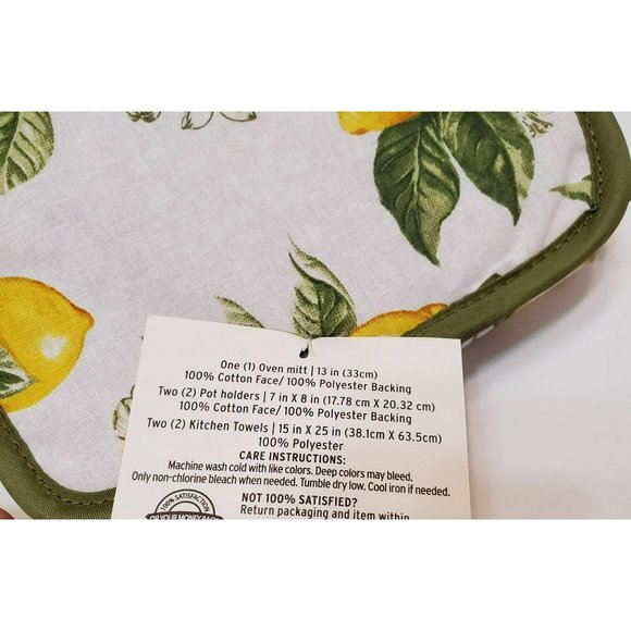 Lemon decor Kitchen Set, 5-pc, Towels Potholders Mitt, Green Yellow NWT - Picture 5 of 5